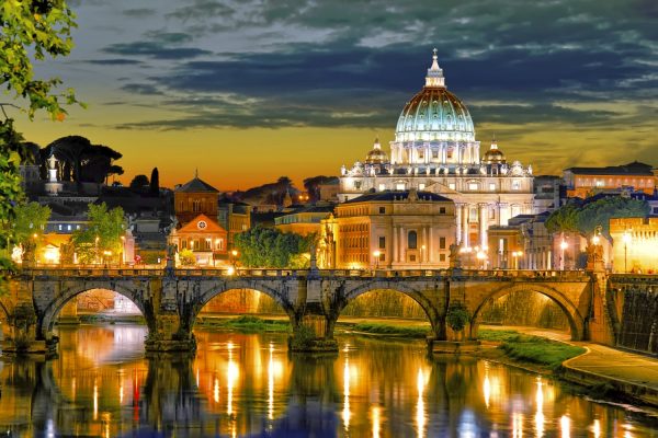 Rome: A stunning view of the St. Peter Basilica's dome by night